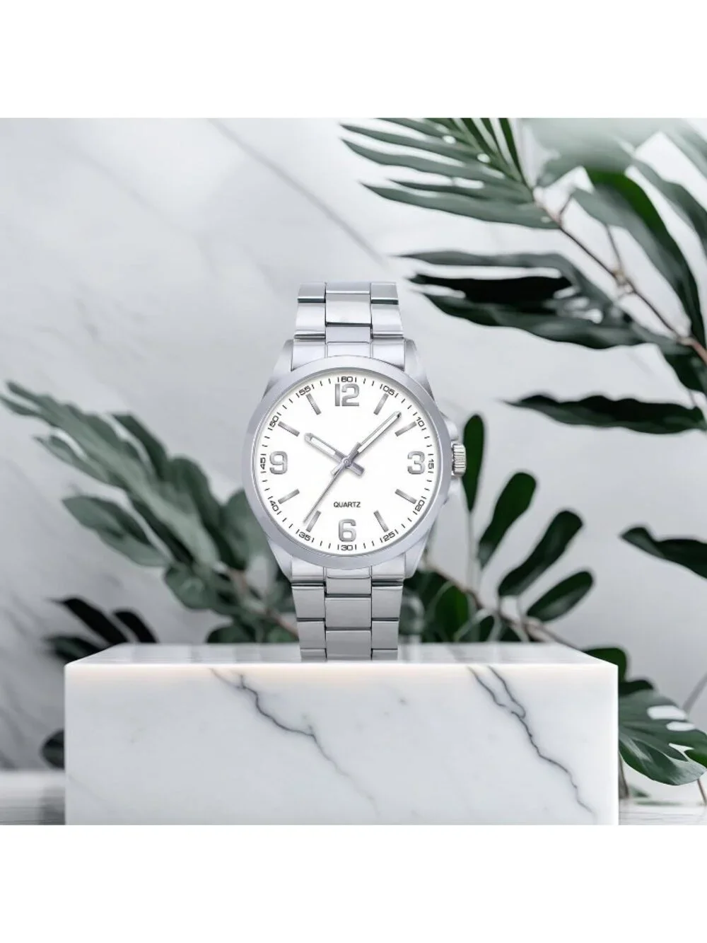 Men's Silver And White Analog Stainless Steel Case Arabic Numerals Classic Watch